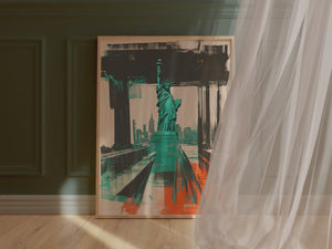 Art print featuring the Statue of Liberty against a modern New York skyline in vibrant teal and orange colors.