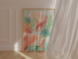 Vibrant Reef Garden wall art print featuring colorful underwater foliage and coral textures in a modern Bohemian style.