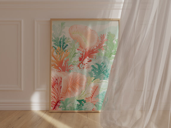 Vibrant Reef Garden wall art print featuring colorful underwater foliage and coral textures in a modern Bohemian style.