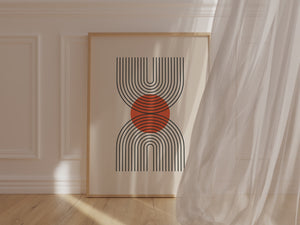 Bauhaus-inspired wall art print featuring U-shaped lines and terracotta sun in a modern interior setting.