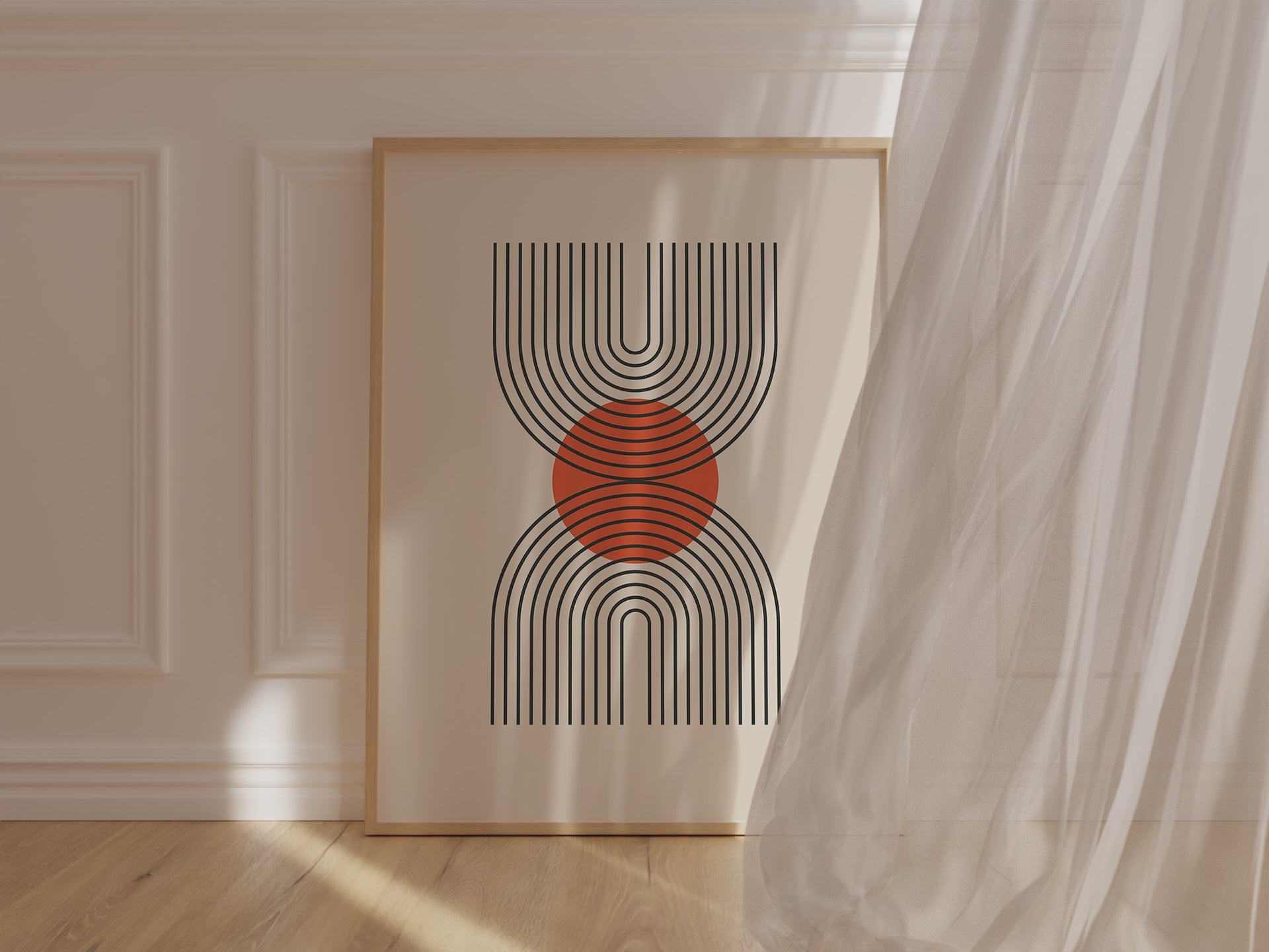 Bauhaus-inspired wall art print featuring U-shaped lines and terracotta sun in a modern interior setting.