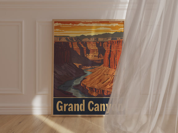 Vintage travel poster of the Grand Canyon showcasing cliffs and river under a desert sunset, ideal wall art for nature lovers.