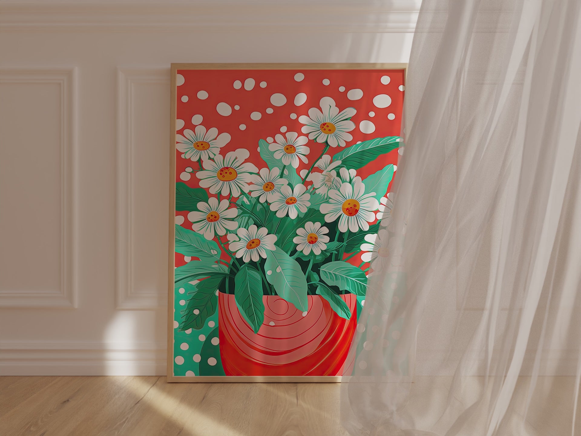 Retro Dot Garden wall art print featuring white daisies and vibrant polka dots, modern boho floral decor.