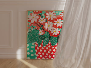 Bold Blooms in Dots wall art print featuring vibrant flowers in a polka-dotted vase on a colorful background.