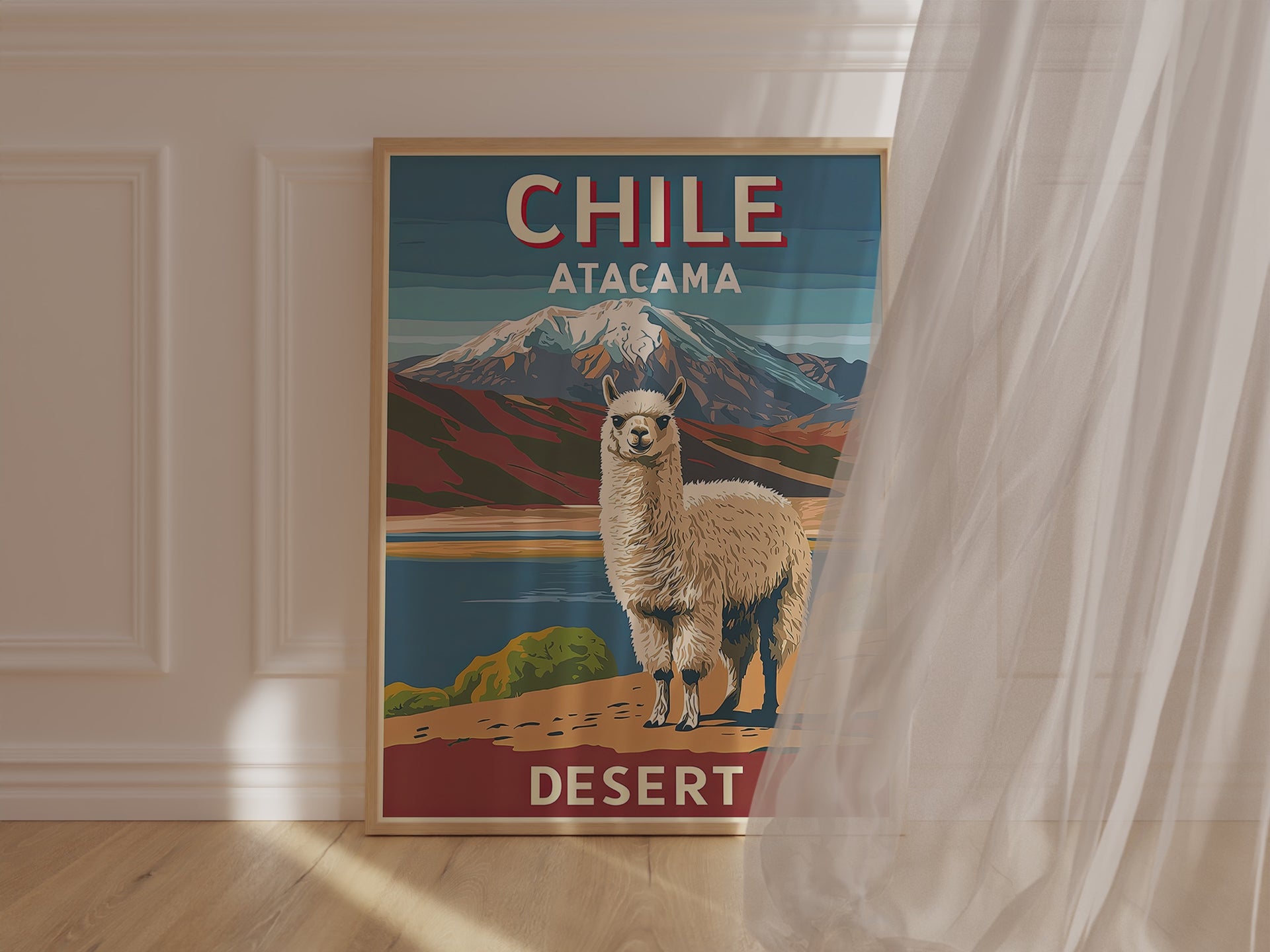 Vintage travel poster featuring an alpaca in front of the Andes mountains and Atacama Desert, showcasing Chile's natural beauty.