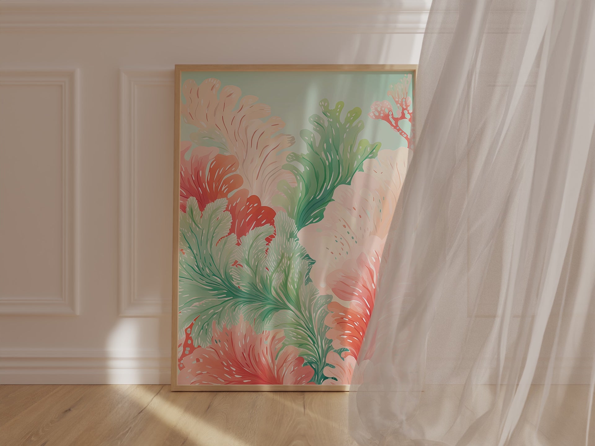 Boho Reef Harmony abstract wall art print featuring vibrant ocean ferns in coral pinks and seafoam greens.