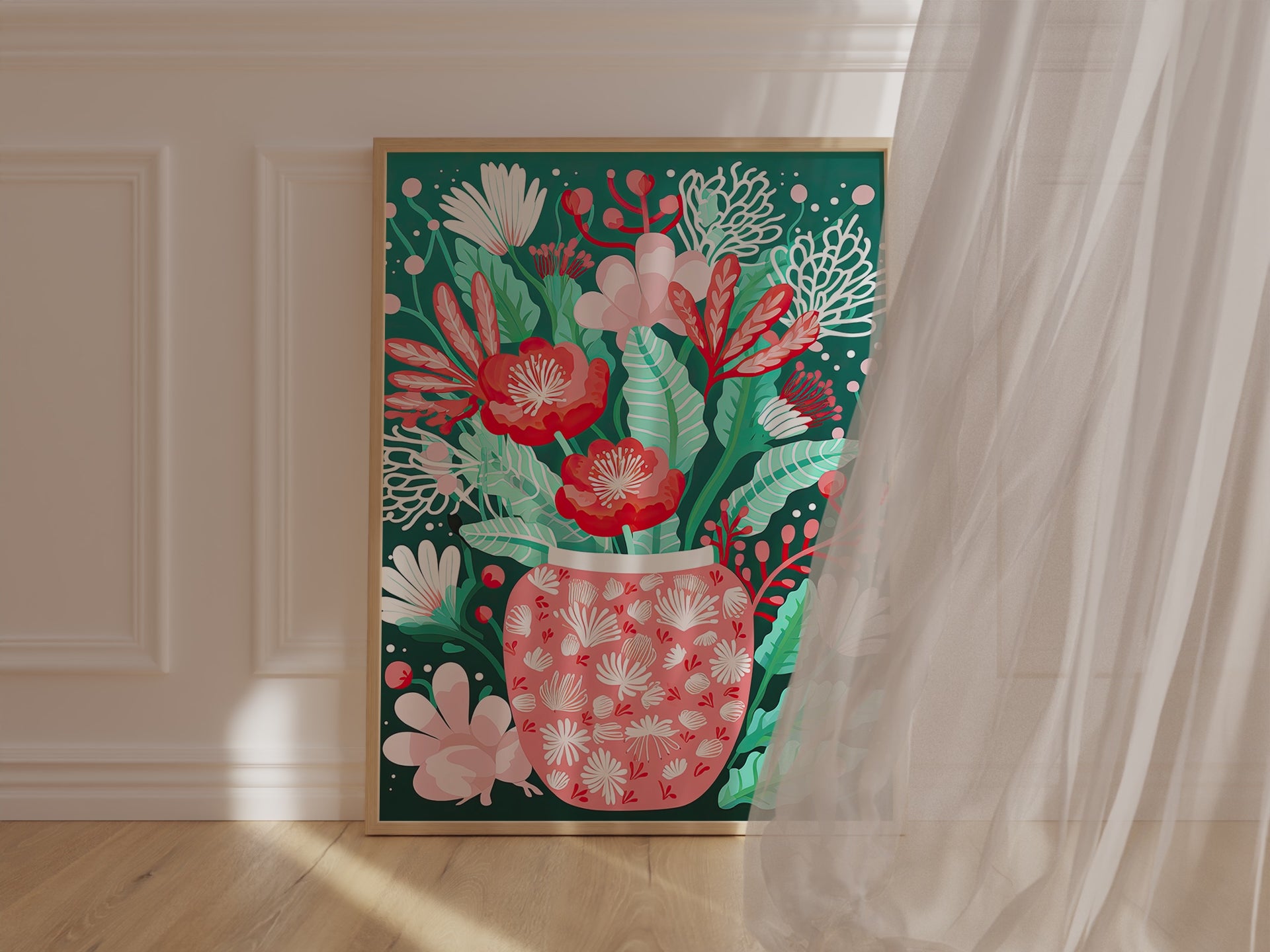 Charming Botanical Glow wall art print featuring vibrant flowers in a coral vase against a deep teal background.