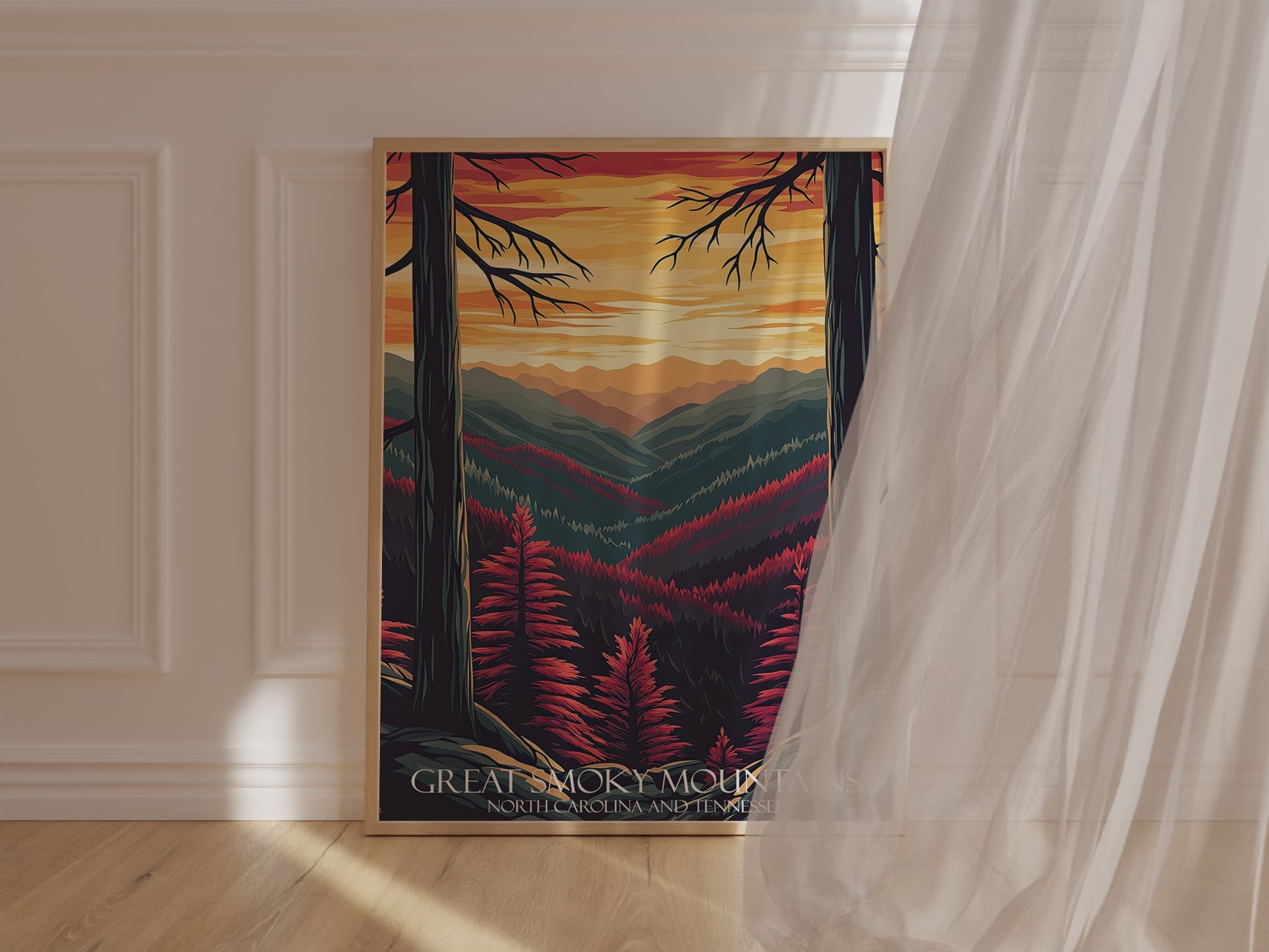 Vintage travel poster of Great Smoky Mountains at sunset with vibrant trees and mountain ridges.