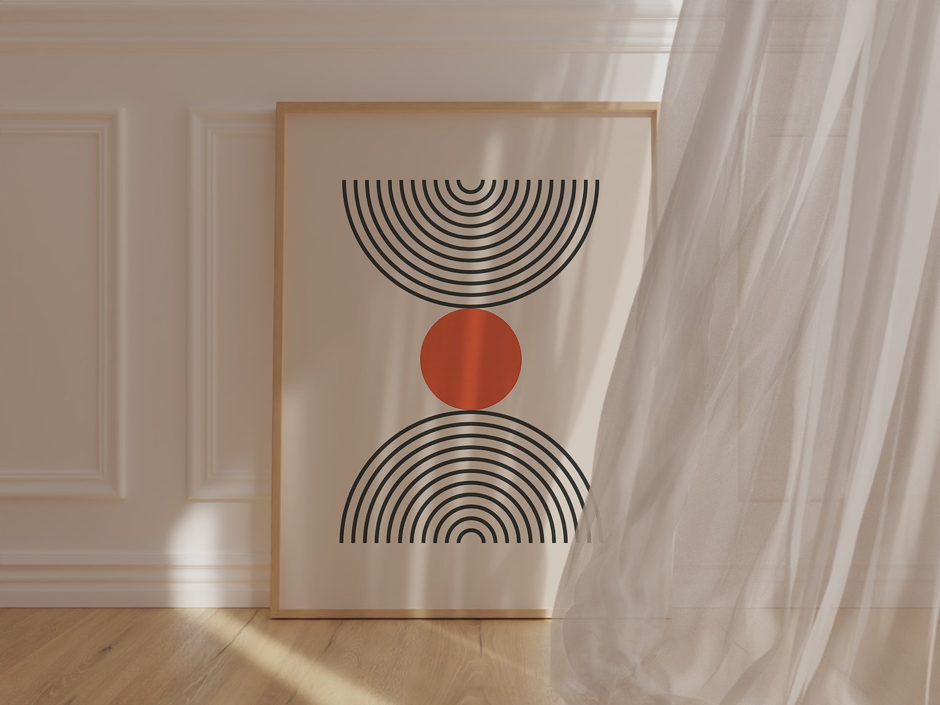 Bauhaus art print featuring bold black semicircles and a burnt-orange circle on a soft neutral background.