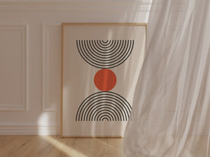 Bauhaus art print featuring bold black semicircles and a burnt-orange circle on a soft neutral background.
