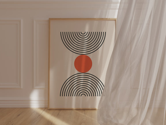 Bauhaus art print featuring bold black semicircles and a burnt-orange circle on a soft neutral background.