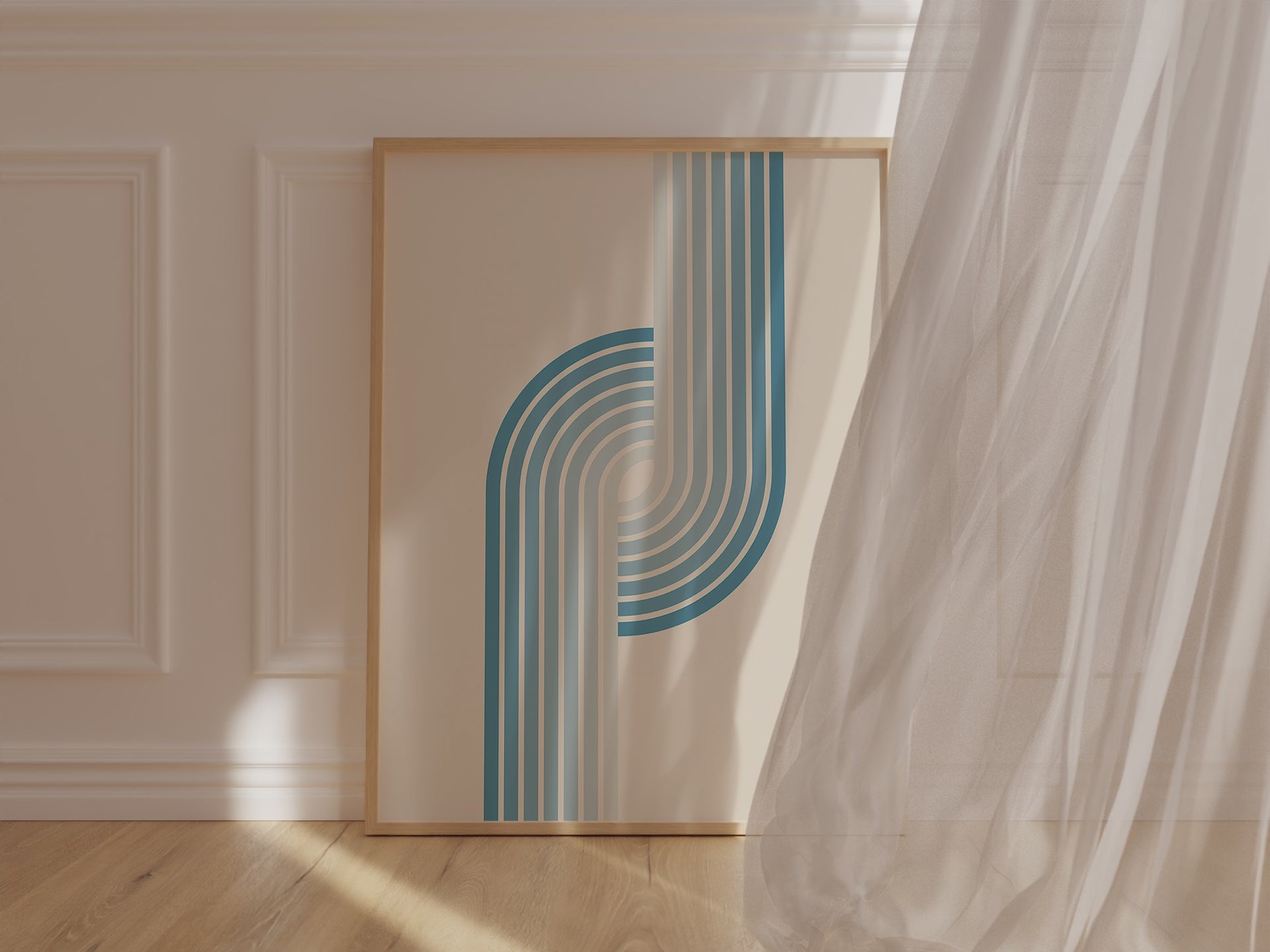 Minimalist Bauhaus wall art print featuring soft blue gradient stripes in a fluid curve.
