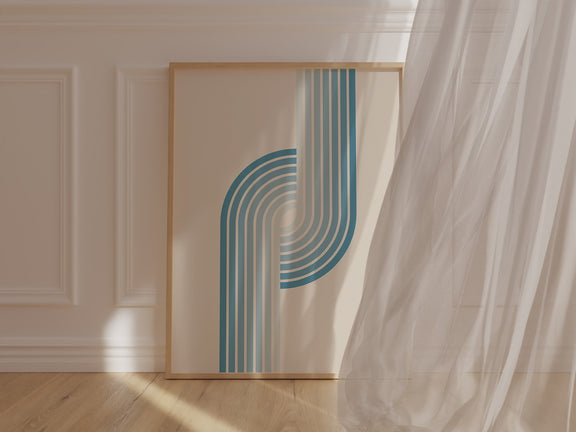 Minimalist Bauhaus wall art print featuring soft blue gradient stripes in a fluid curve.