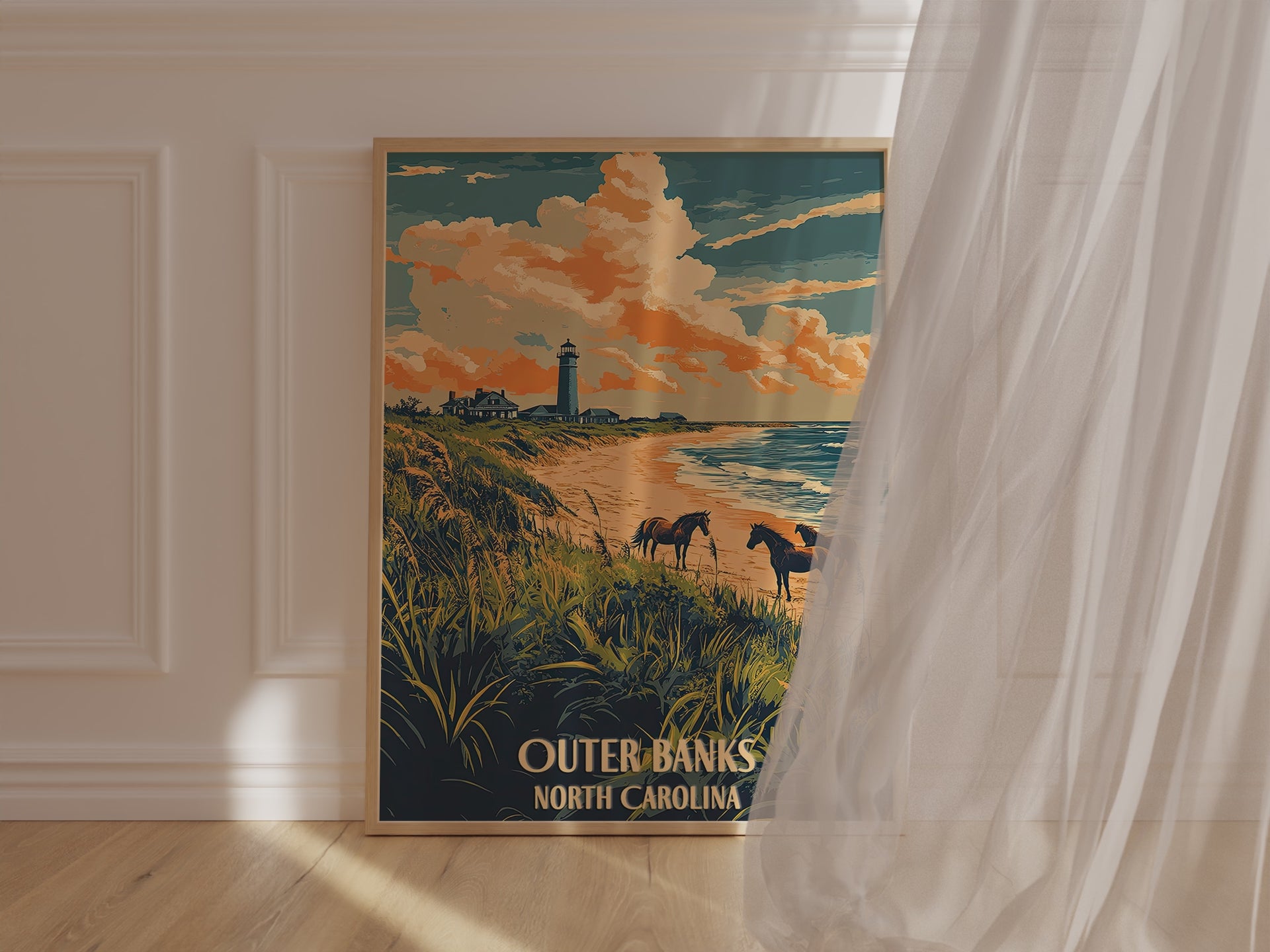 Art print of wild horses on beach in Outer Banks, North Carolina with lighthouse and vibrant clouds.