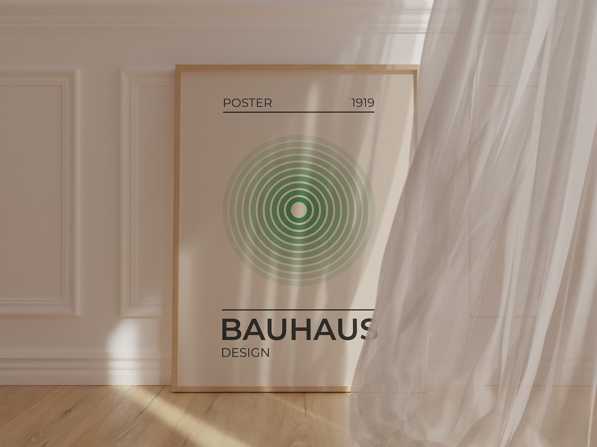 1919 Bauhaus Origins minimalist wall art print with concentric green circles, celebrating Bauhaus design and modern art.