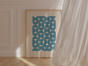 Bauhaus Waves art print featuring blue semicircles on neutral background, inspired by Bauhaus design.