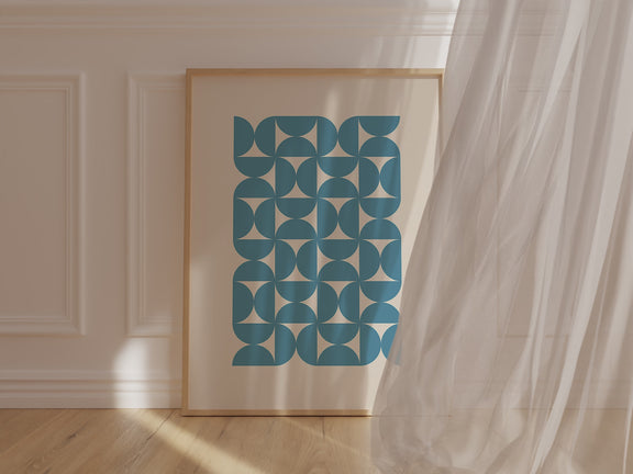Bauhaus Waves art print featuring blue semicircles on neutral background, inspired by Bauhaus design.