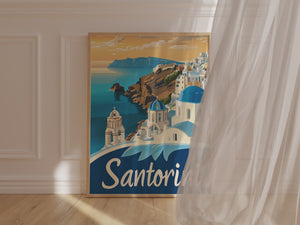 Art print of Santorini skyline featuring blue domed churches and Aegean Sea, inspired by vintage travel posters.