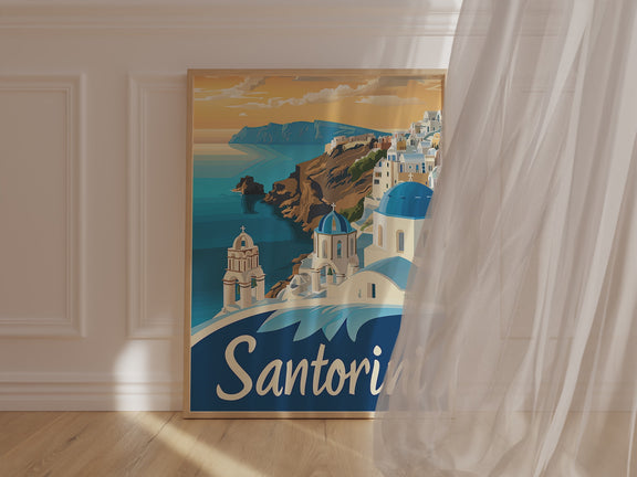 Art print of Santorini skyline featuring blue domed churches and Aegean Sea, inspired by vintage travel posters.