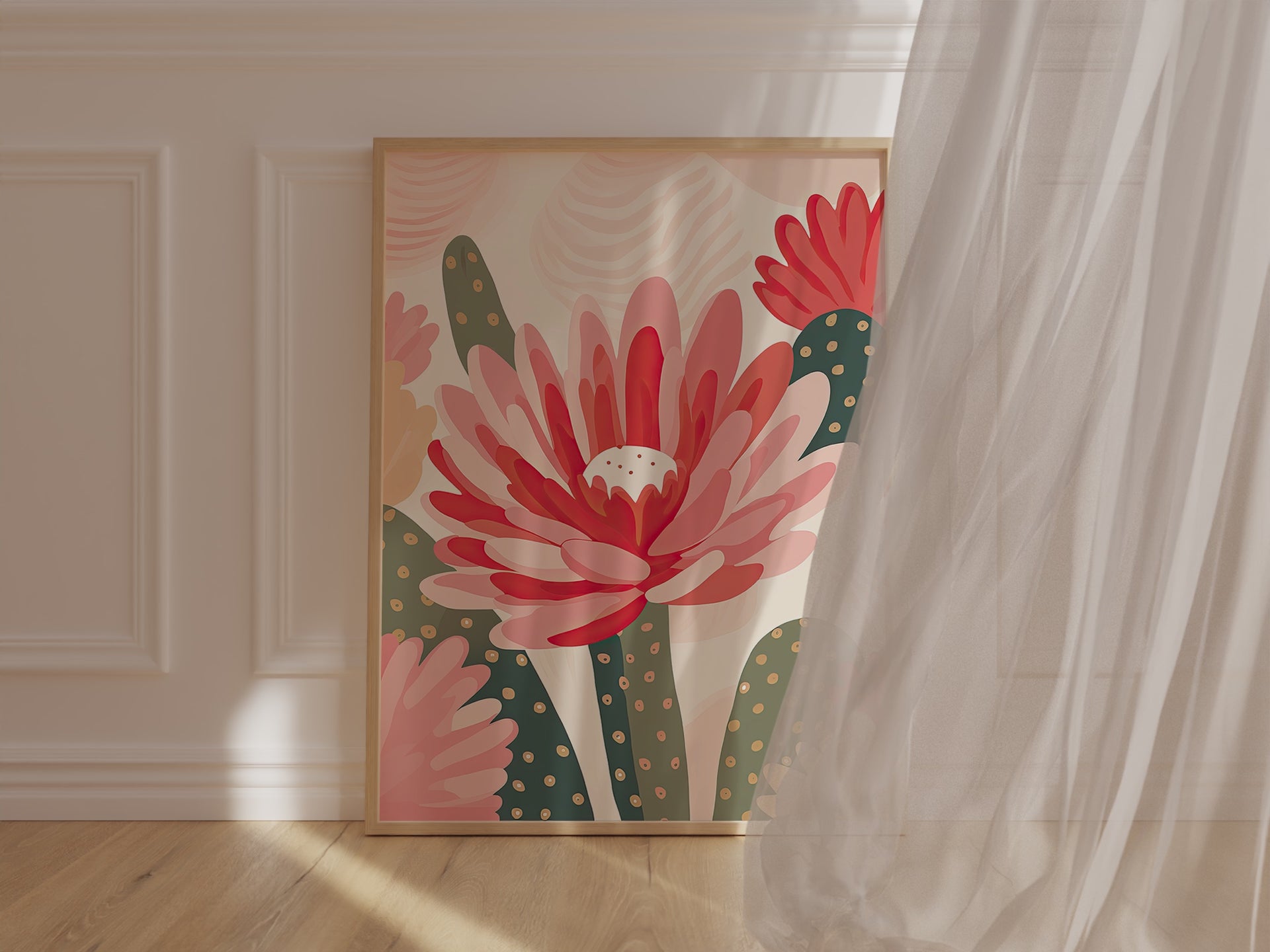Floral modern art print featuring vibrant pink cactus flowers in a stylish frame, perfect for bohemian decor.