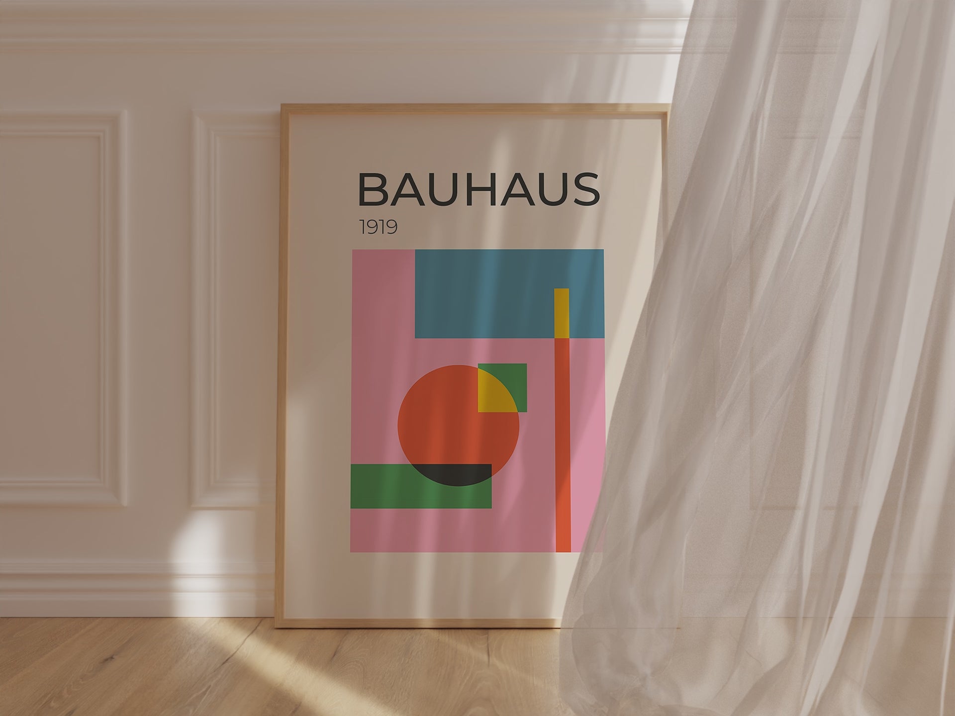 Bauhaus art print featuring abstract shapes and vibrant colors on a pink backdrop, showcasing modern art design.