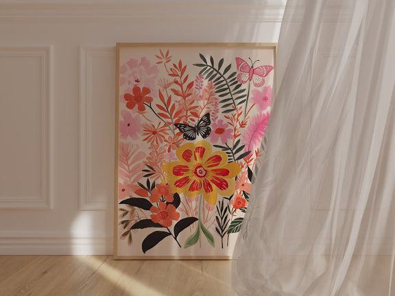 Floral wall art print featuring vibrant flowers and butterflies in warm colors, ideal for modern decor.