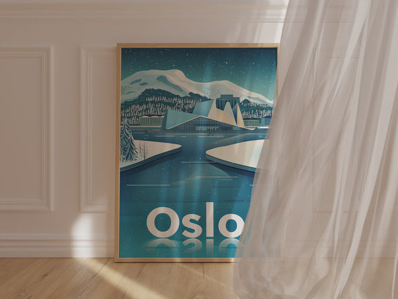 Vintage travel poster of Oslo, Norway featuring the opera house and snowy landscape in a minimalist design.