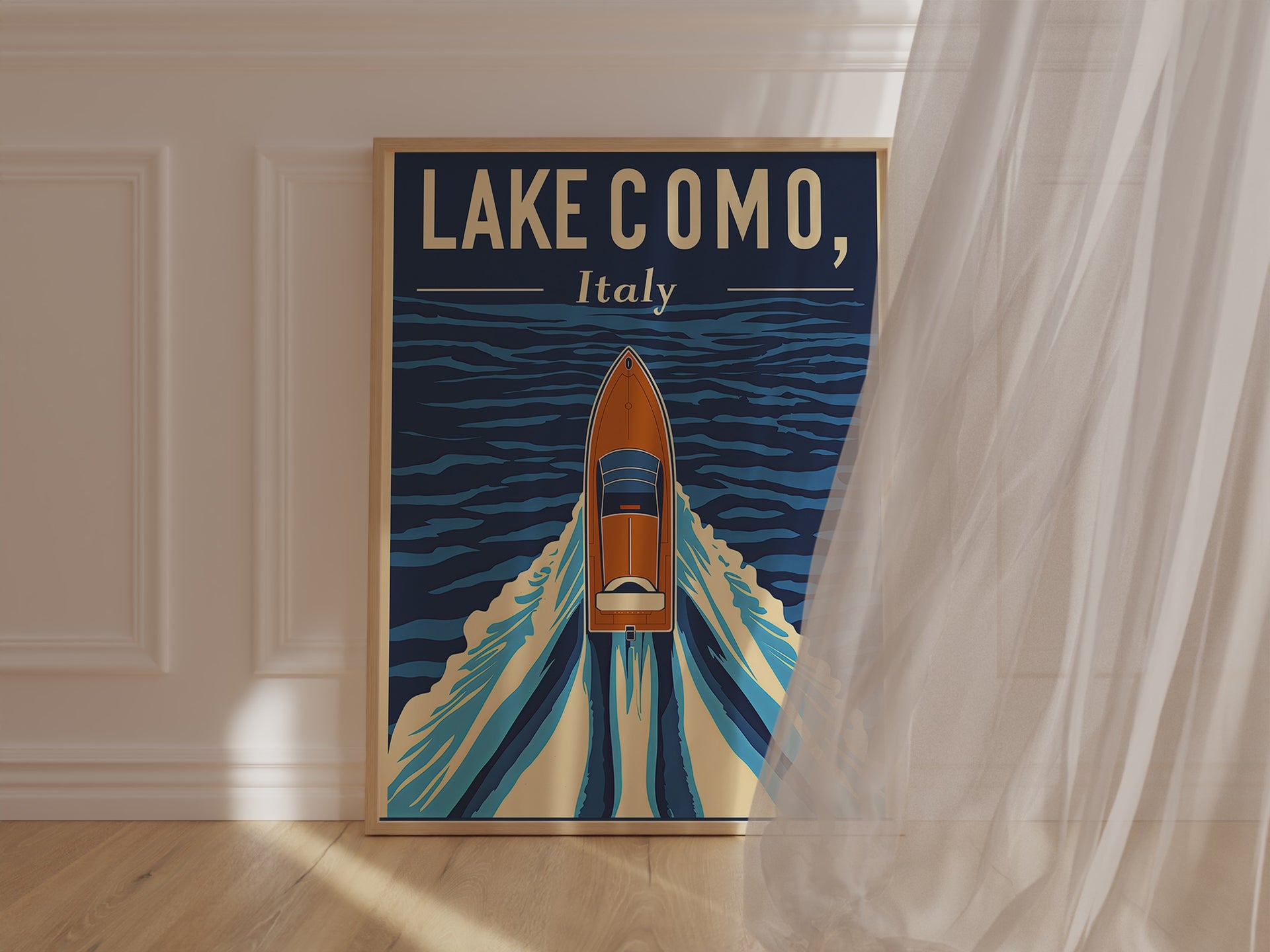 Vintage travel poster of Lake Como, Italy featuring a classic boat on blue waters, perfect for wall art and travel enthusiasts.