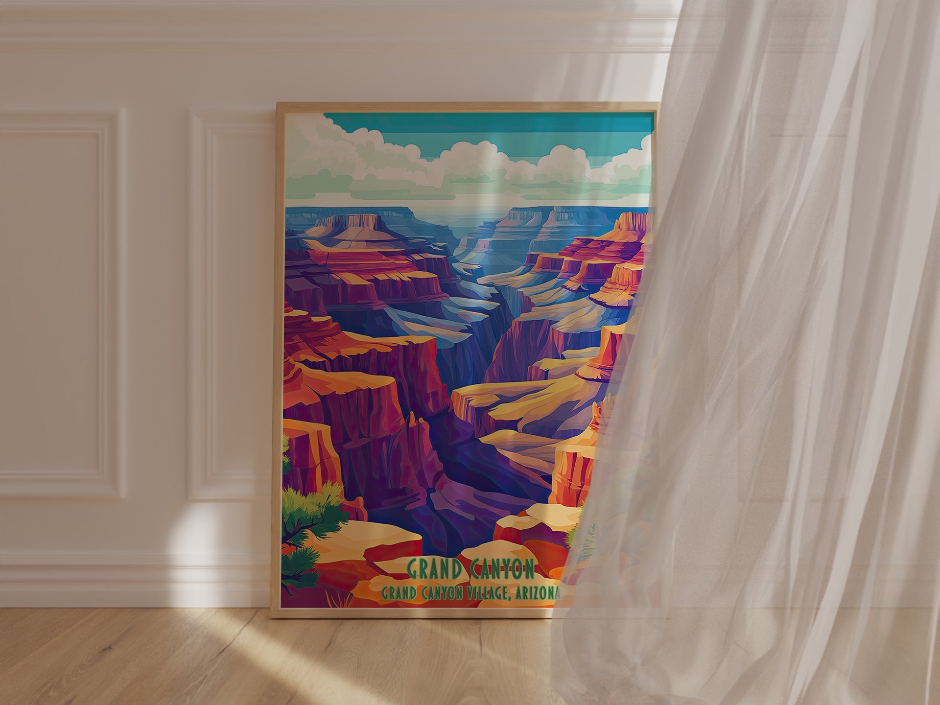 Vivid Majesty wall art featuring the Grand Canyon in Arizona, vintage travel poster with vibrant colors and dramatic scenery.
