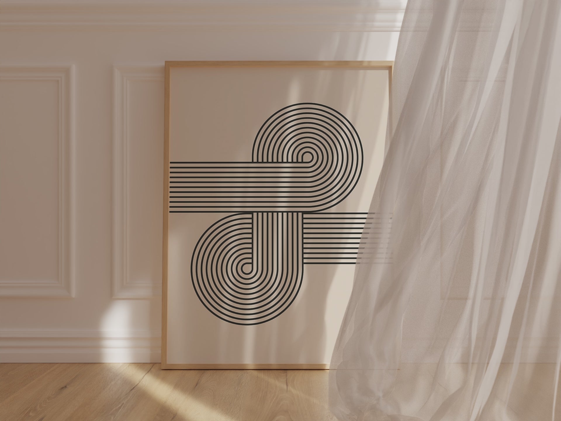 Abstract wall art print featuring curved black lines in Bauhaus design, adding modern aesthetic to any space.