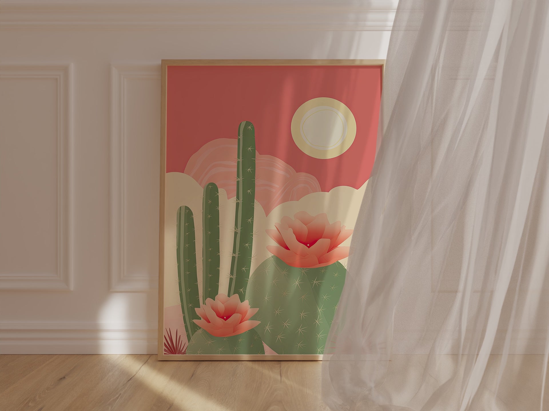 Bohemian art print featuring blooming cacti and flowers with a coral sunset, perfect for modern wall decor.