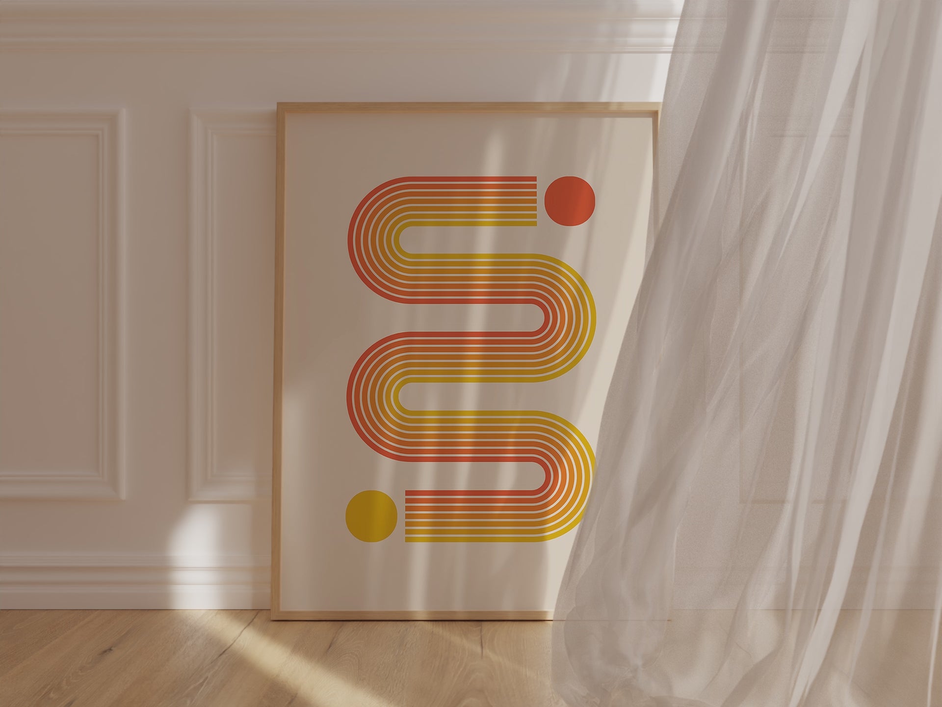 Bauhaus-style art print 'Solar Stream' featuring sunset-toned curves and circles, ideal for modern wall decor.