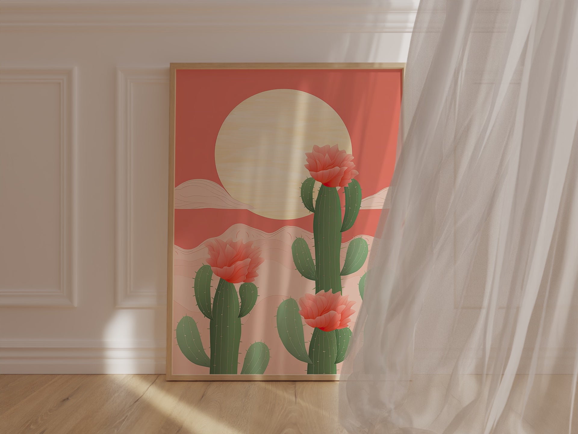Sunrise over cactus fields wall art print featuring blossoming cacti, modern boho style, warm desert tones.