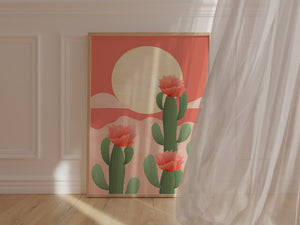 Sunrise over cactus fields wall art print featuring blossoming cacti, modern boho style, warm desert tones.