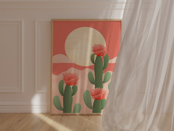 Sunrise over cactus fields wall art print featuring blossoming cacti, modern boho style, warm desert tones.