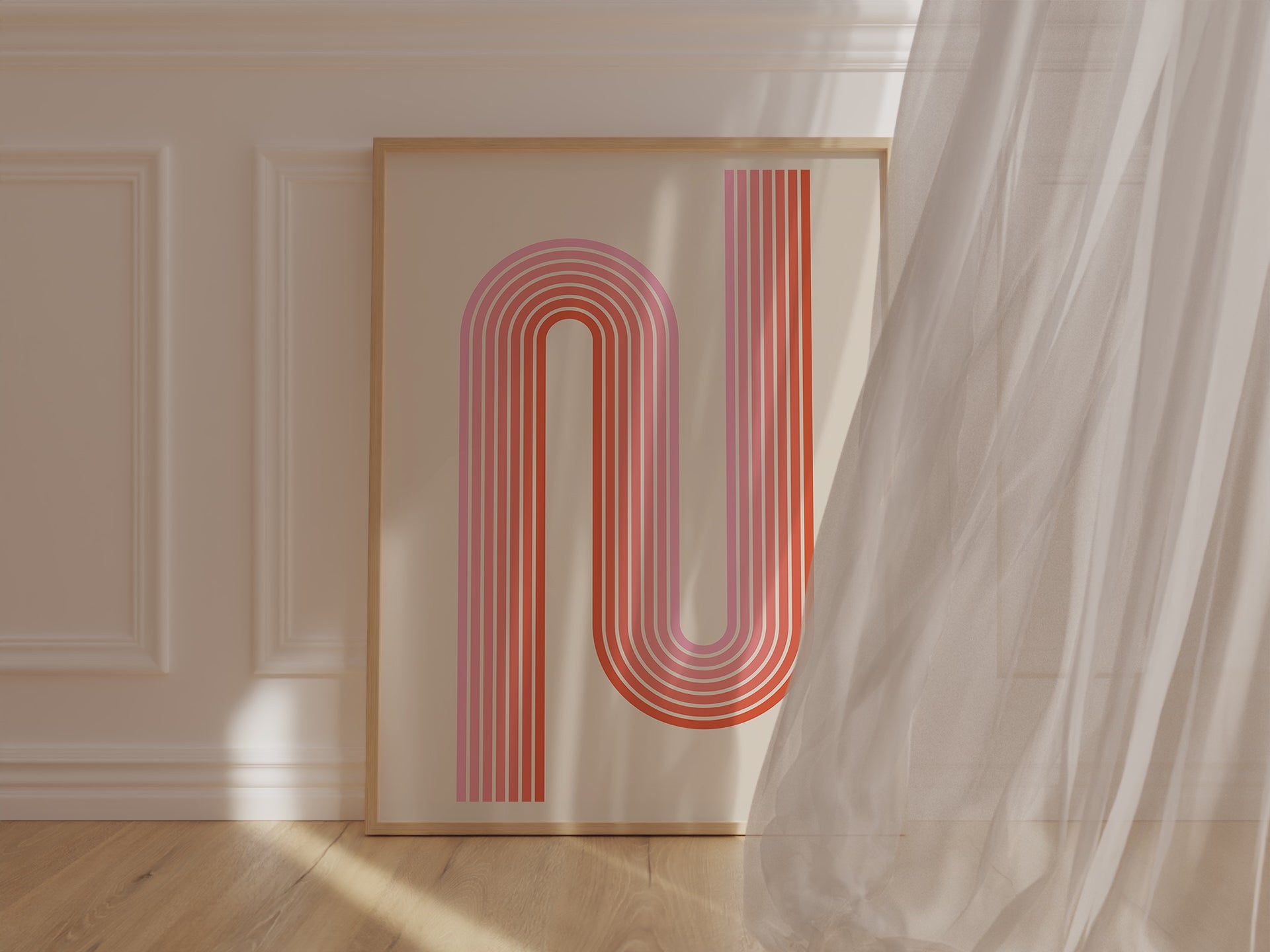 Bauhaus-inspired wall art print 'Sunset Stripes' in warm coral and blush, showcasing modern geometric design.