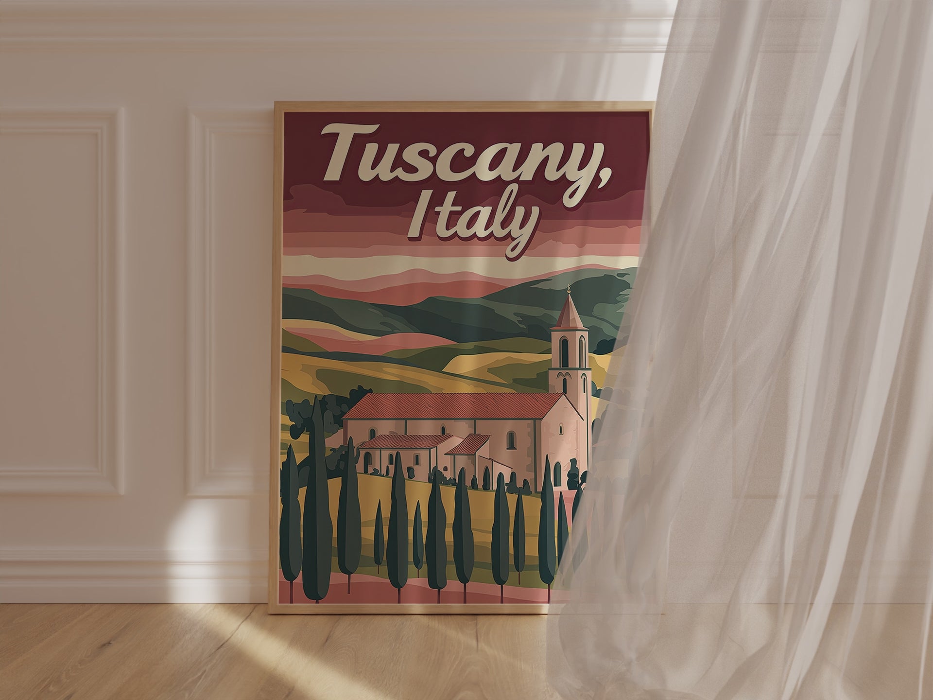 Vintage travel poster of Tuscany, Italy featuring a scenic countryside with hills and cypress trees.