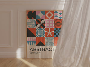 Bauhaus-inspired abstract geometry wall art print featuring colorful shapes and patterns.
