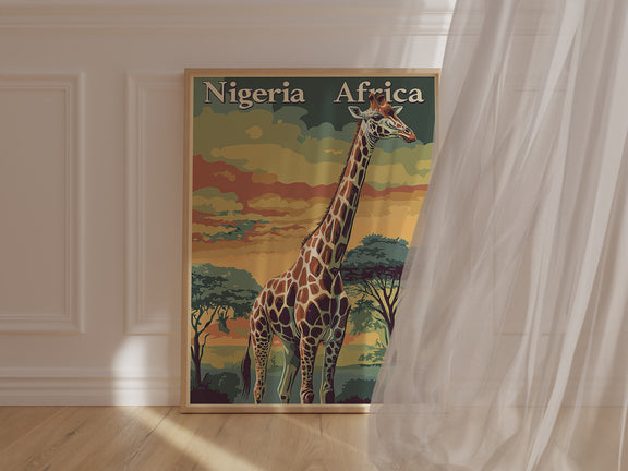 Vintage travel poster of Nigeria featuring a giraffe against an African sunset, evoking safari adventure.