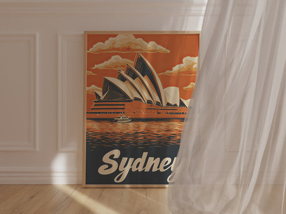 Art print of Sydney Opera House at sunset, reflecting golden hues on the water, inspired by vintage travel posters.
