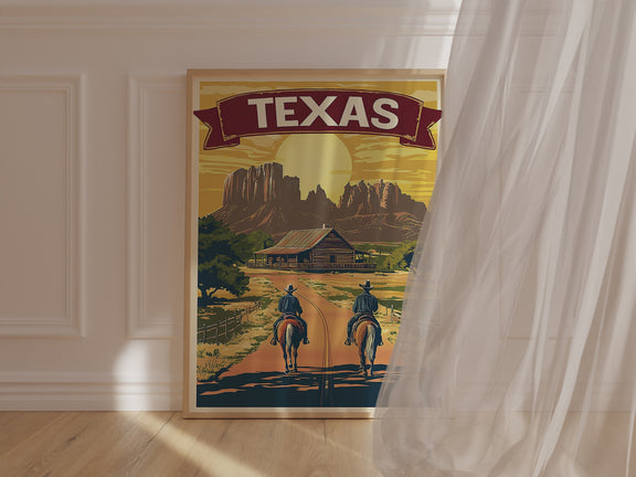 Vintage travel poster featuring cowboys riding horses towards a Texas ranch at sunset.