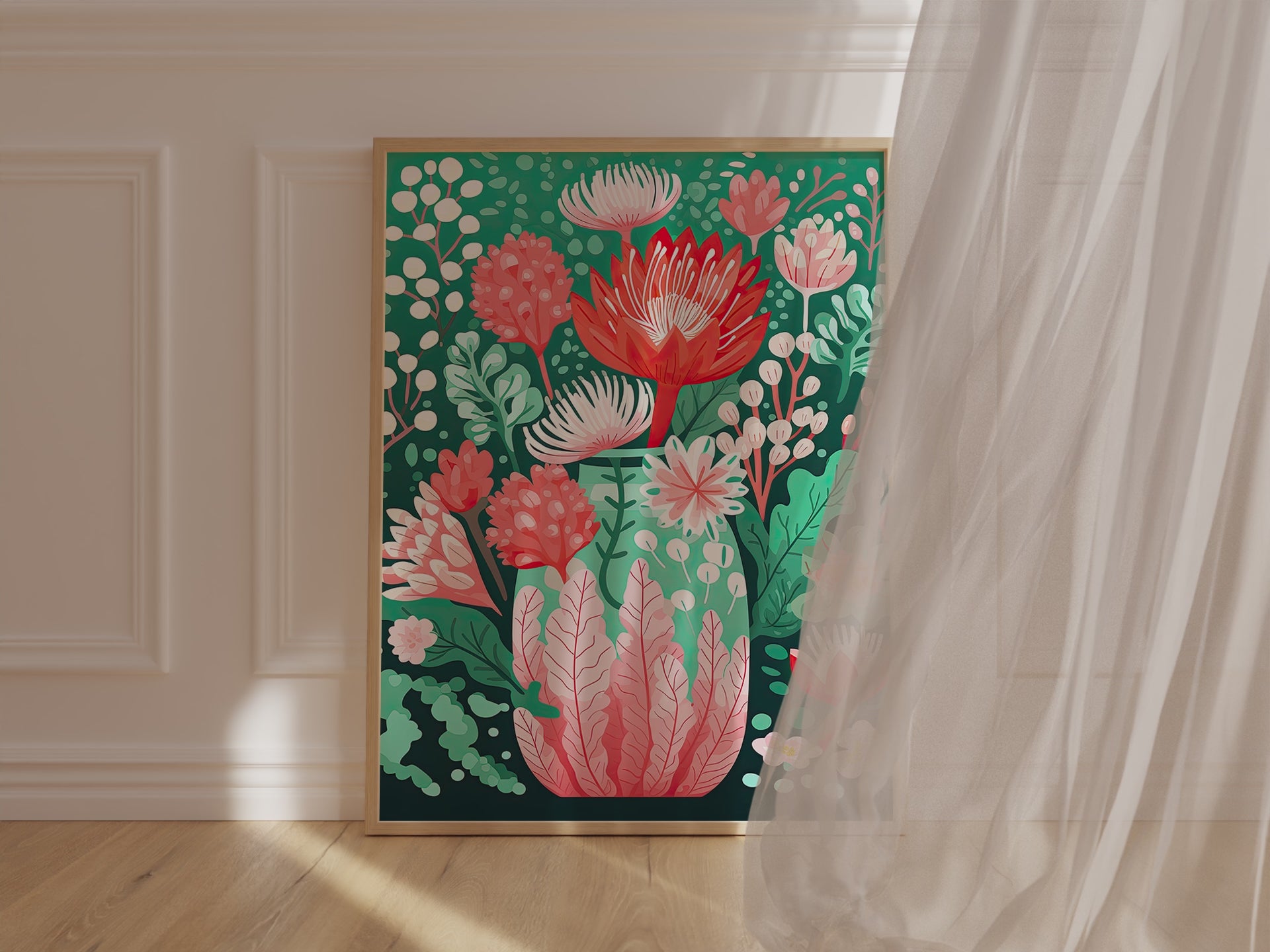 Floral Symphony Vase wall art print featuring vibrant flowers in reds and pinks against a lush green background.