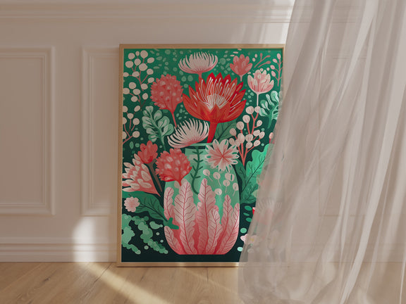 Floral Symphony Vase wall art print featuring vibrant flowers in reds and pinks against a lush green background.