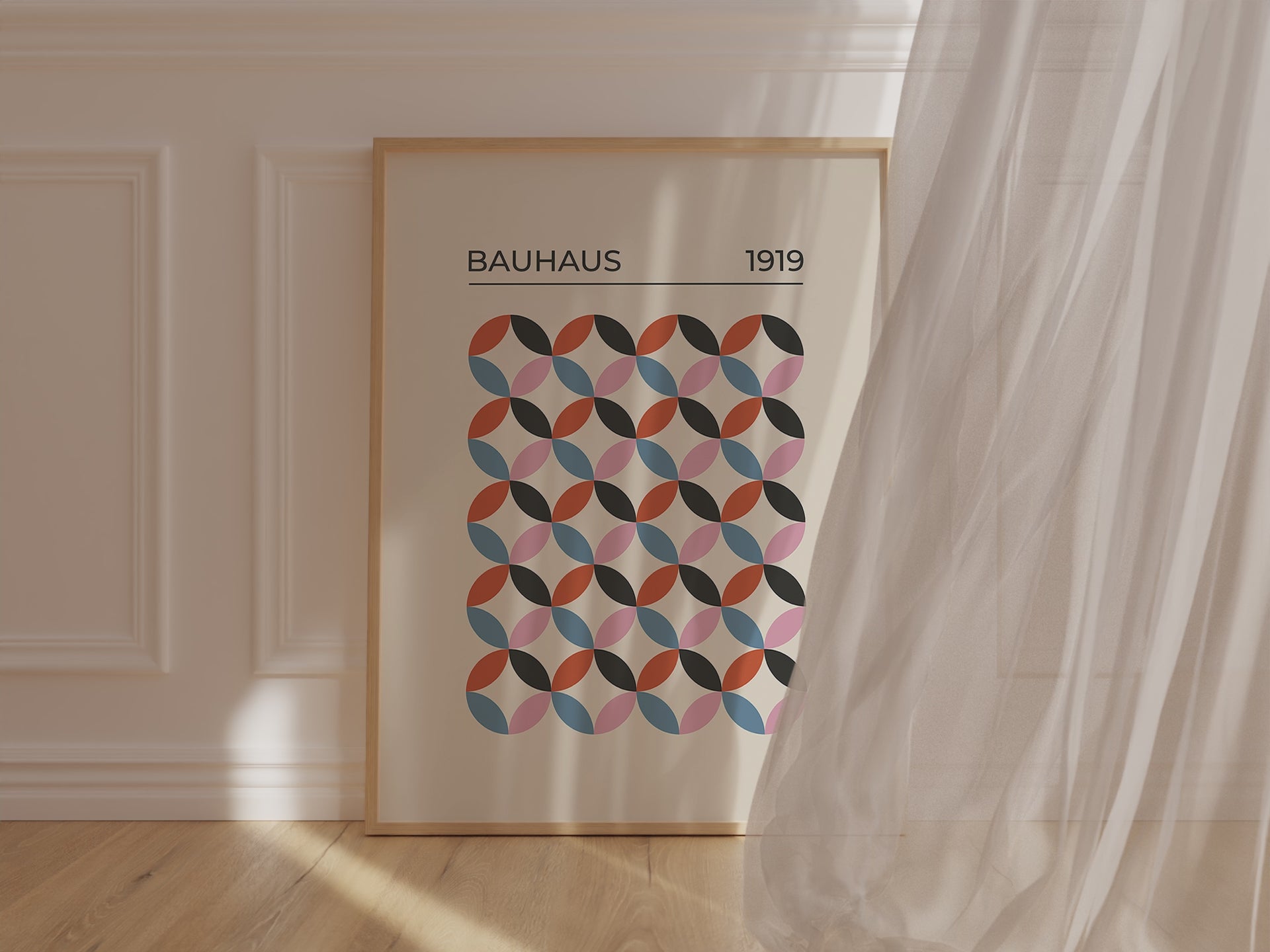 Bauhaus-inspired wall art print featuring geometric shapes and vibrant colors in a modern interior setting.