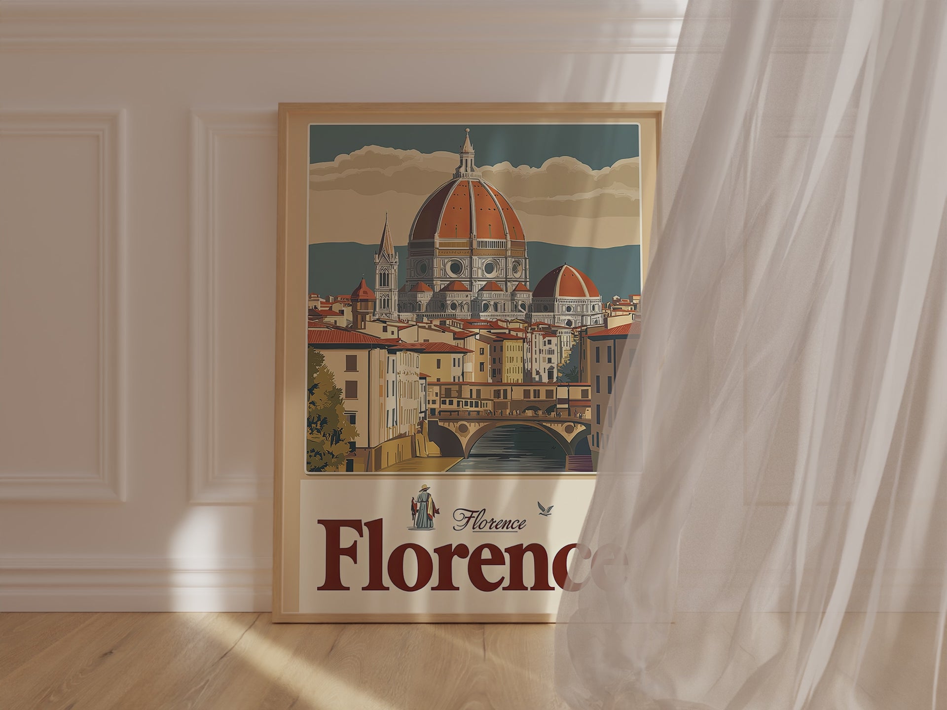 Vintage travel poster of Florence showcasing the Duomo and Ponte Vecchio in elegant wall art design.