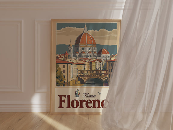 Vintage travel poster of Florence showcasing the Duomo and Ponte Vecchio in elegant wall art design.
