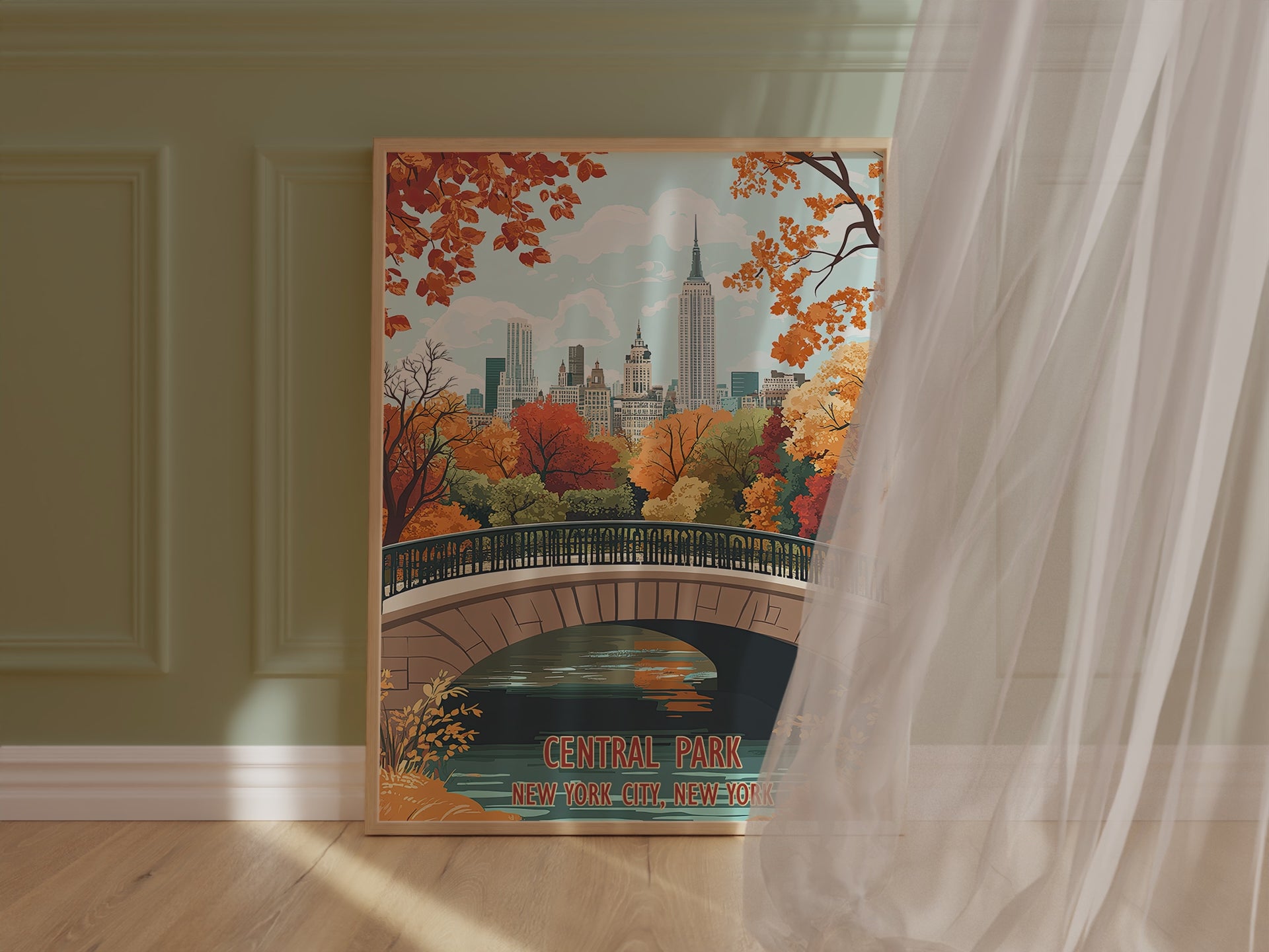 Vintage travel poster of Central Park in autumn, showcasing golden leaves and Manhattan skyline.