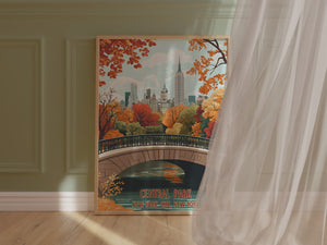 Vintage travel poster of Central Park in autumn, showcasing golden leaves and Manhattan skyline.