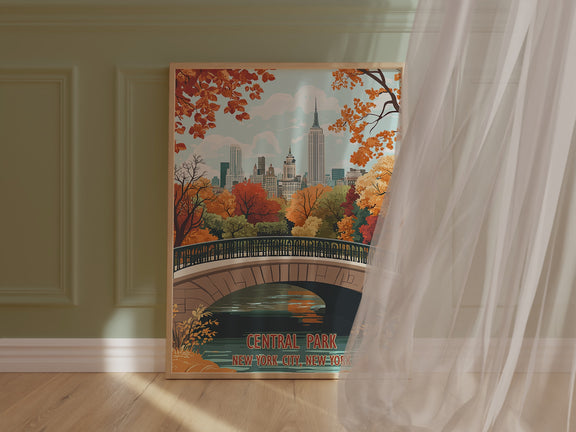 Vintage travel poster of Central Park in autumn, showcasing golden leaves and Manhattan skyline.