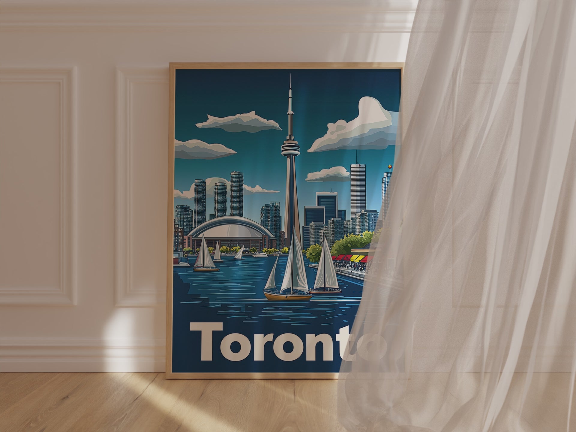 Sailing Toronto wall art showcasing the Toronto skyline with sailboats in the harbor, perfect for travel enthusiasts.